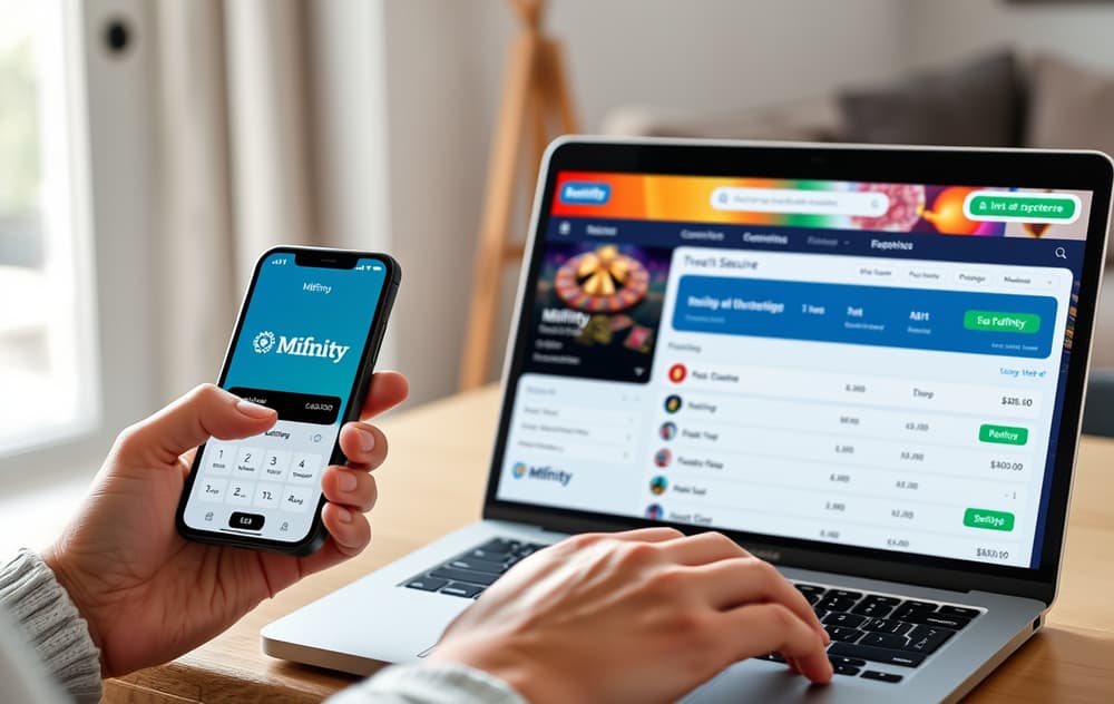 Person som bruker MiFinity-appen på mobil og nettbrett for casinoinnskudd.