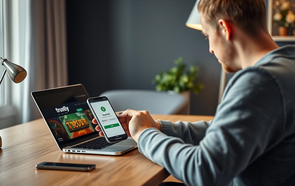 Person som bruker BankID på mobil for å betale med Trustly på et nettcasino, laptop med spilleautomater i bakgrunnen.