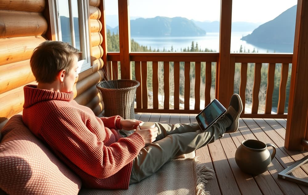 Person som spiller spilleautomater på nett fra en norsk hytte med fjordutsikt