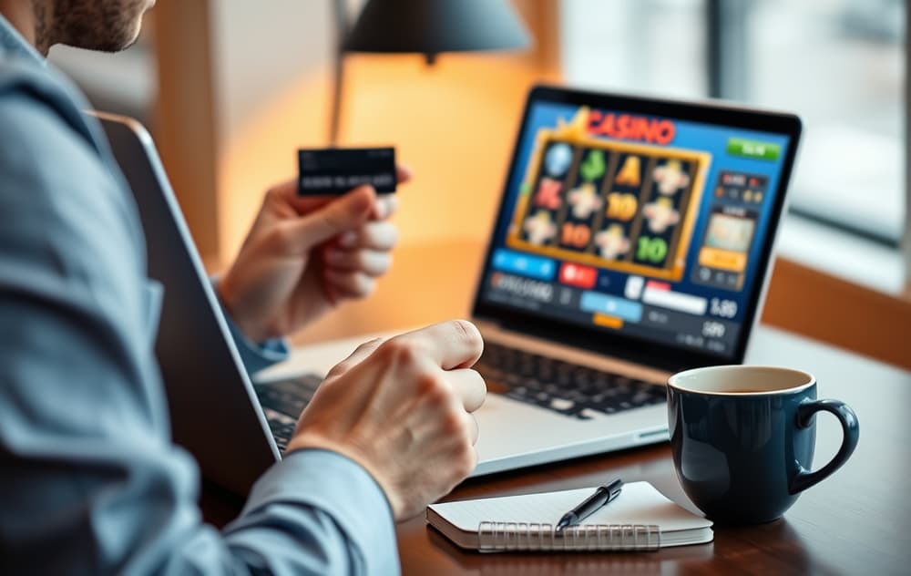 En person som sitter ved et skrivebord og bruker en bærbar PC med et casino på skjermen, holder et bankkort.