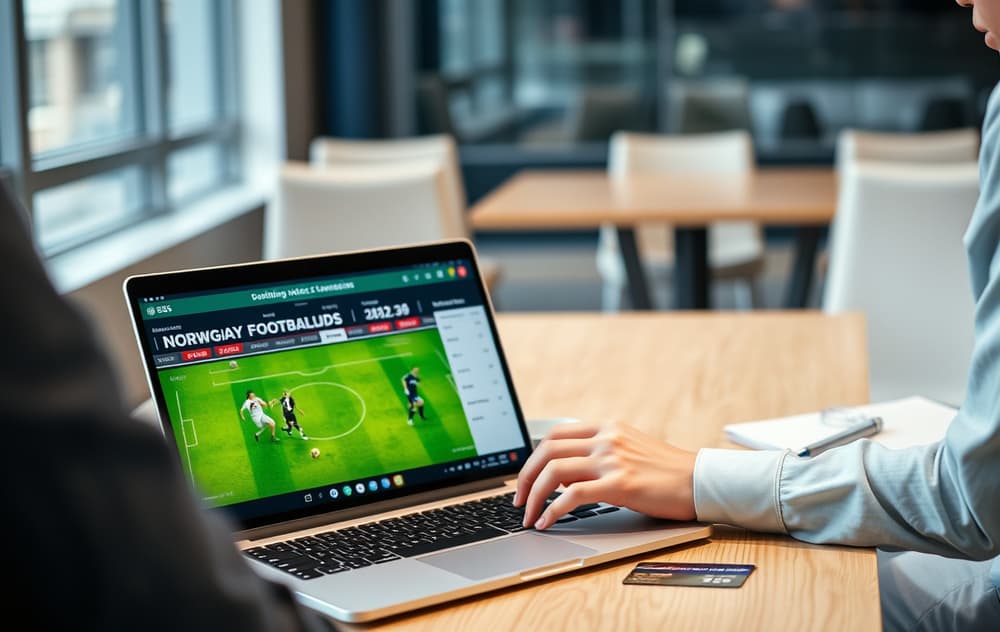 Person som sammenligner odds på en bærbar PC med norske pengesedler og betalingskort.