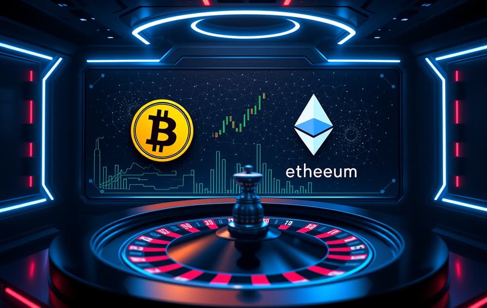 Futuristisk kryptocasino-grensesnitt med Bitcoin- og Ethereum-ikoner, rulett og mørk neon-design