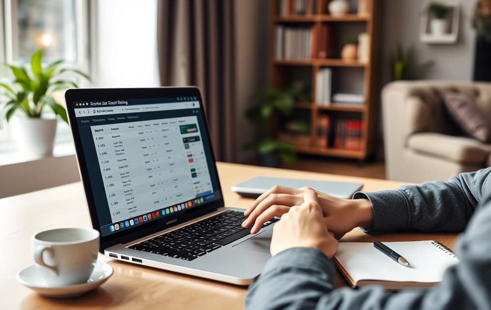 En person som sammenligner odds på en bærbar PC med en kopp kaffe og notatblokk – fokusert og analytisk stemning