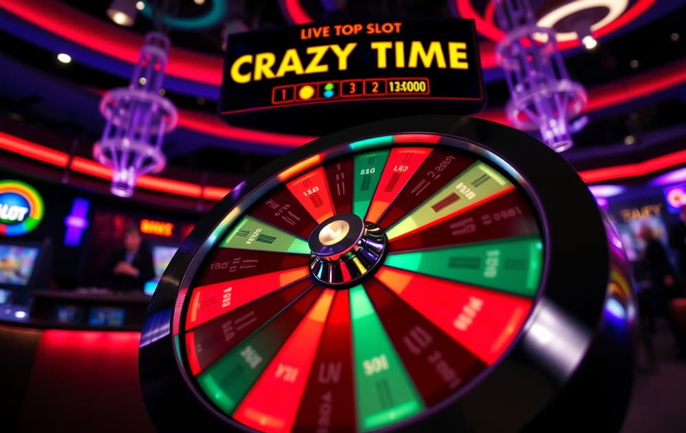 Nærbilde av Crazy Time-hjulet i et live casino-studio med verten i bakgrunnen og fargerike LED-lys som lyser opp de 54 segmentene.