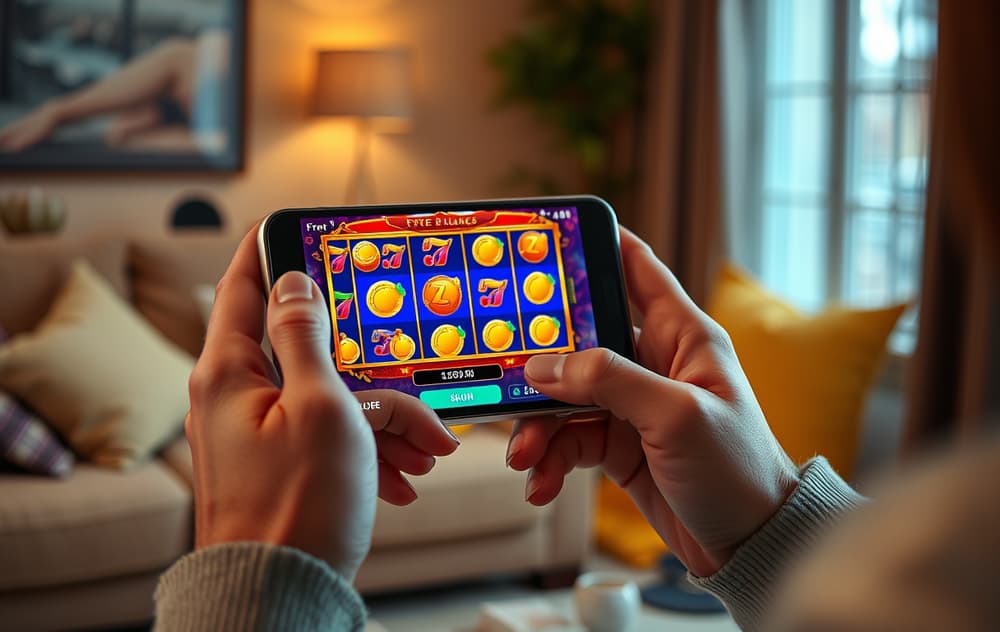En person spiller gratis spilleautomater på en smarttelefon i en stue, skjermen viser et fargerikt demospill med virtuell saldo.