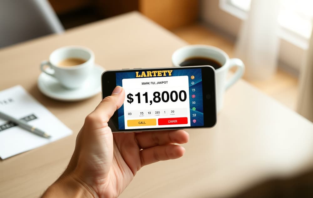 Person med smarttelefon som viser en digital lottokupong på Norsk Tipping-appen, med kaffekopp på bordet.