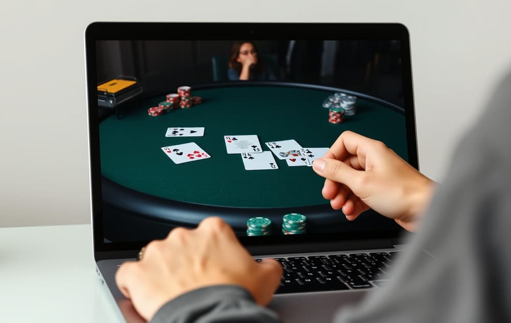 Skjermbilde av poker på nett med Texas Hold'em-kort og chips
