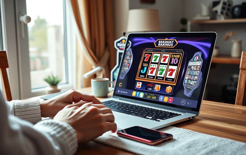 En person spiller spilleautomater på en bærbar PC i en hjemmekoselig stue